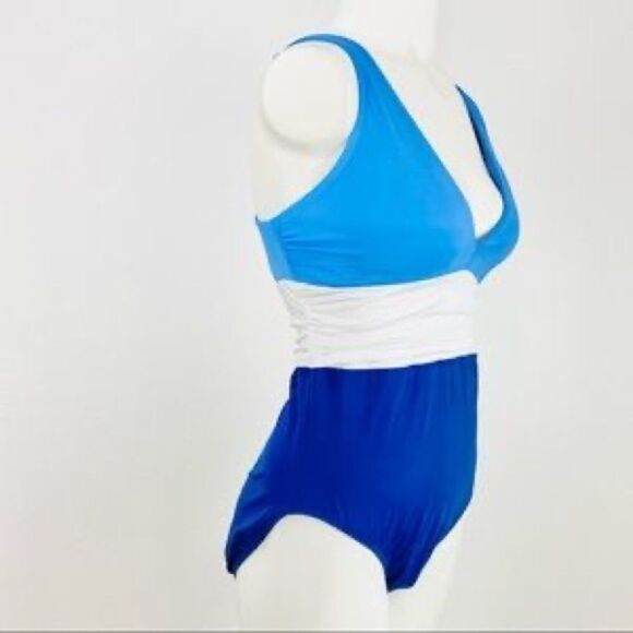 Lauren Ralph Lauren BLUE Color-Block Twist Back Halter One-Piece Swimsuit US 10 - Picture 5 of 11